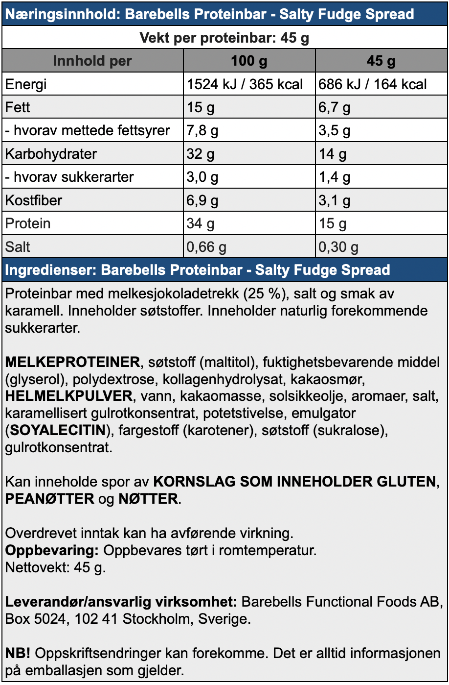 Næringsinnhold, Barebells Proteinbar - Salty Fudge Spread